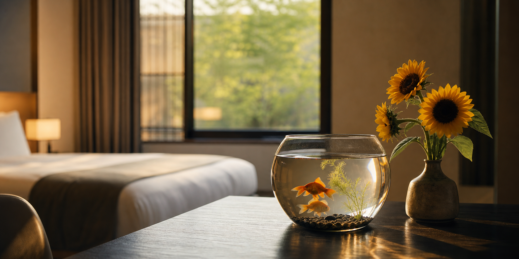 ホテルの部屋に飾られた金魚とひまわりのAI仮画像