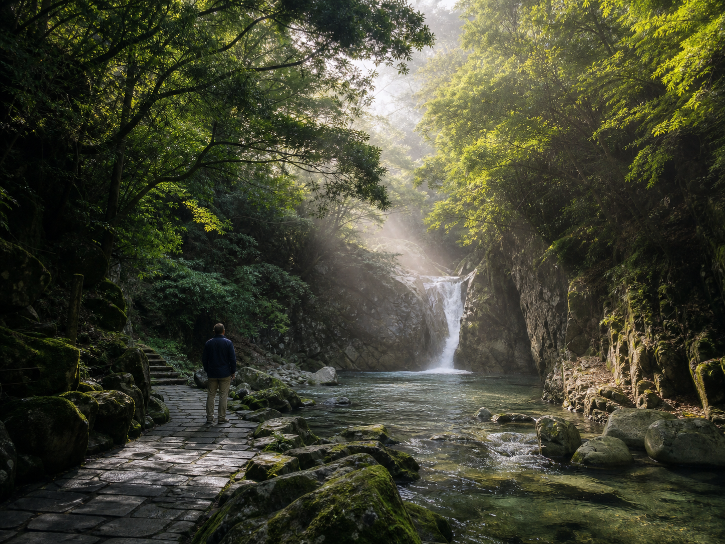 緑と水に包まれた早朝の渓谷のAI仮画像